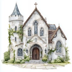 Fototapeta premium Watercolor Illustration of a White Stone Chapel with Tower and Climbing Vines