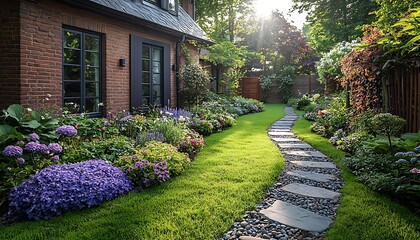 Obraz premium A beautifully landscaped garden walkway next to a brick building