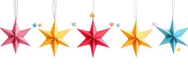 Colorful decorative paper stars hanging on transparent background