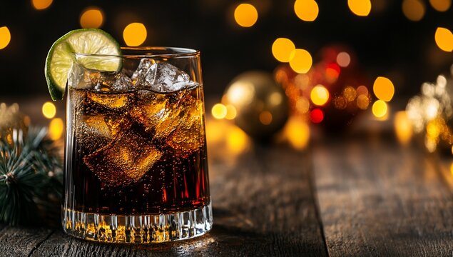 Festive cocktail with ice, lime, and soda.  A refreshing drink perfect for a holiday gathering
