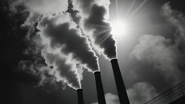 Industrial Pollution: A stark black and white image depicting three factory chimneys emitting thick plumes of smoke against a bright sun, symbolizing environmental concerns and the urgent need for sus
