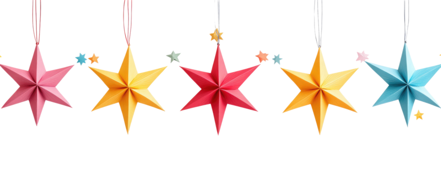 Colorful decorative paper stars hanging on transparent background - Powered by Adobe
