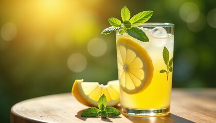 Lemonade drink with refreshing mood representing summer refreshment against blurred greenery