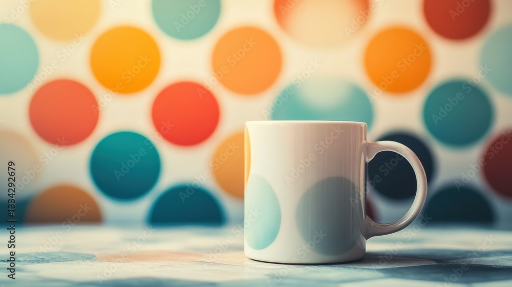 Poster Simple White Mug Against Colorful Circular Pattern Background
