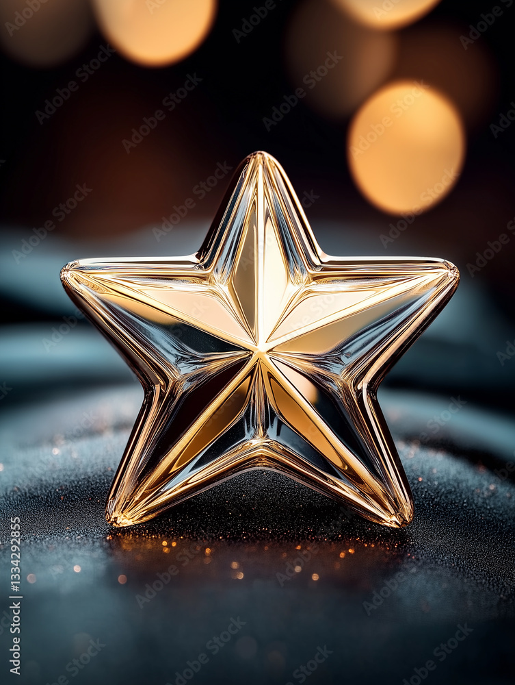 Poster golden star shining on dark reflective surface with bokeh background