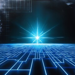 Abstract blue background with rays of light, glowing stars, and a bright energy effect creating a magical, futuristic atmosphere