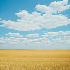 Golden wheat field under a bright blue sky with fluffy clouds; idyllic rural landscape perfect for agriculture or nature-themed projects