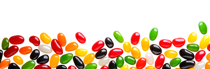 Jelly bean Jellybean sweet candy candies scattered surround on transparent cutout PNG. Mockup template for design. Long Wallpaper banner border frame. flat lay top view