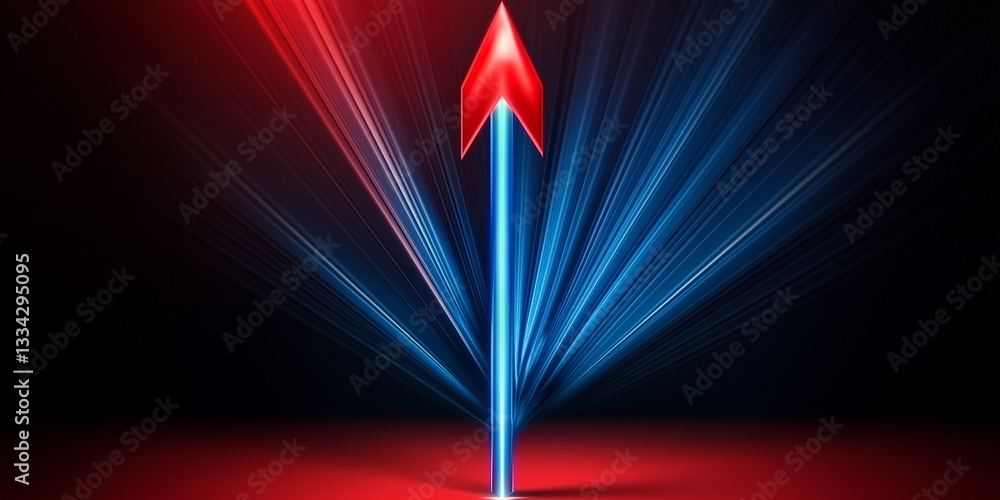 Poster red arrow pointing up with blue and red light beams symbolizing growth