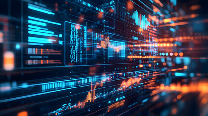 Futuristic digital interface with glowing data charts, graphs, and analytics, symbolizing big data, financial technology, and artificial intelligence in a high-tech cyber environment