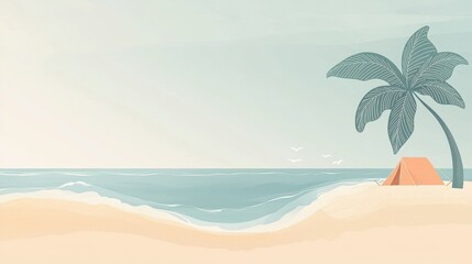 Obraz premium A serene beach setting features a small orange tent positioned under a palm tree, with gentle waves lapping at the shore as the sun sets in the background, creating a tranquil atmosphere