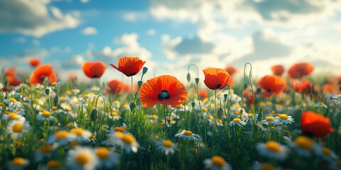 Obraz premium Bright red poppies bloom among white daisies in a sunny meadow during late spring in a scenic landscape