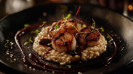 A beautifully presented dish showcases seared scallops resting on creamy risotto, garnished with microgreens and drizzled with balsamic reduction, set in a dimly lit restaurant