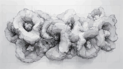 The image presents a close-up view of a monochromatic sculpture. The sculpture exhibits an abstract, organic form with a textured surface. The grayscale palette lacks vibrant color, focusing on