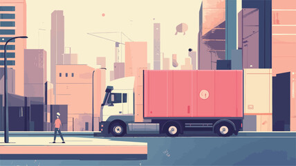 A stylized vector illustration depicting a semi-truck with a large pink container driving on a city street.  The style is flat, with muted pastel colors. Buildings of varying heights form the