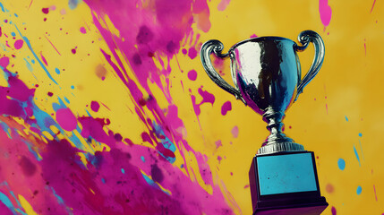 Silver trophy cup with a vibrant paint splash background in yellow, pink, and blue tones.