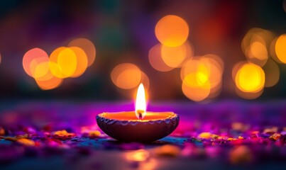 A single, warm flame illuminates a small, terracotta diya.  Surrounded by colorful petals and bokeh lights