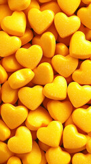 Yellow heart-shaped candies, close-up view, sweet treat, background texture, for food blogs and packaging