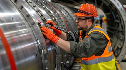 Precision in Aerospace Manufacturing: A Technician Inspecting Jet Engine Components