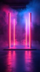 Bright neon lights create a vibrant atmosphere in a misty setting ideal for artistic events or performances