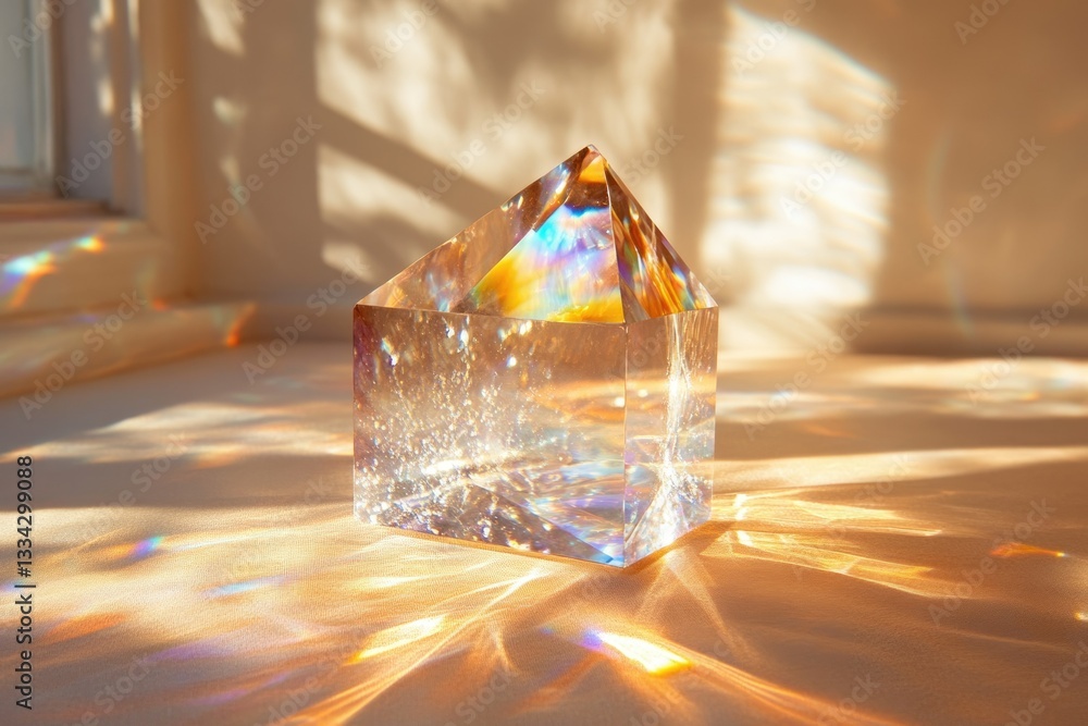 Aufkleber a clear glass prism refracts sunlight, creating vibrant rainbow patterns on a soft surface.