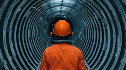 Construction worker inspecting a circular tunnel, ensuring structural integrity