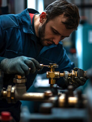 Plumber works hard with brass fittings in a modern workshop. Plumbing repair and maintenance.