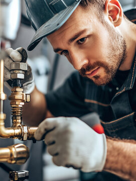 Plumber works hard with brass fittings in a modern workshop. Plumbing repair and maintenance.
