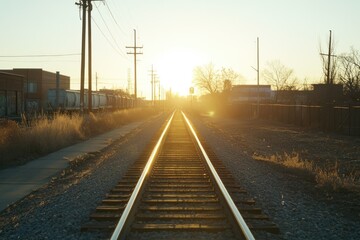 Obraz premium Sun setting over a railway track with freight cars and urban landscape in the background.