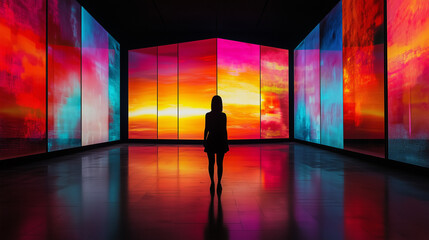 Giant multimedia wall with abstract digital screens, gradient lighting, and futuristic minimalism, symbolizing the fusion of technology and design.