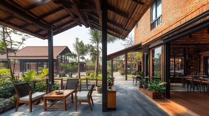 Fototapeta premium Resort patio seating, tropical garden view