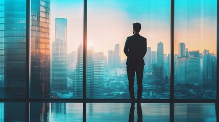 Fototapeta premium A businessman looking out of a large window over city skyscrapers