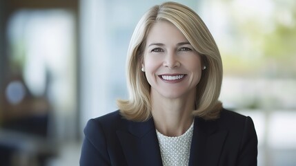 Confident businesswoman smiling, radiating professionalism and approachability in a modern office setting
