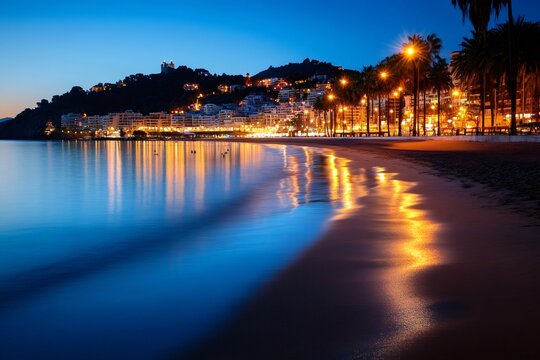 City lights reflecting on the beach at blue hour in blanes, spain