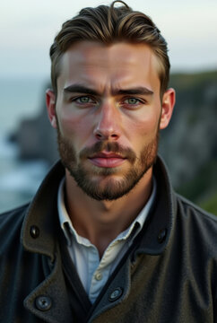 Brooding Handsome Man in Coastal Setting, Poldark-Inspired Style