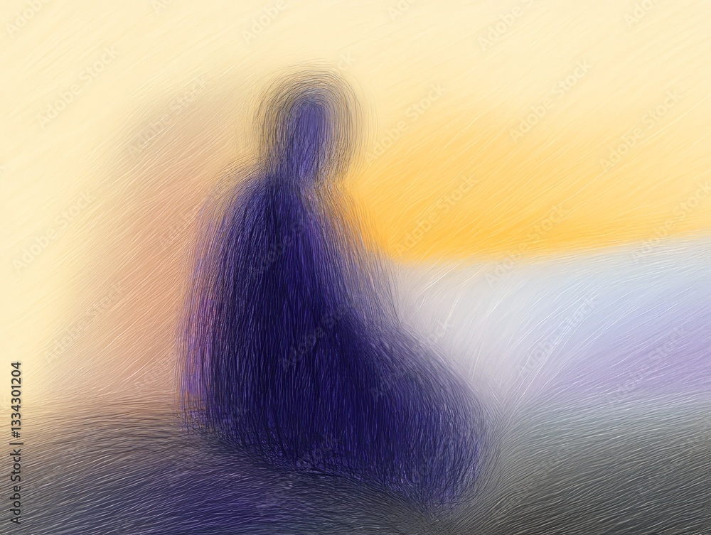 Poster seated figure in abstraction against a soft background at dusk, capturing the essence of solitude an