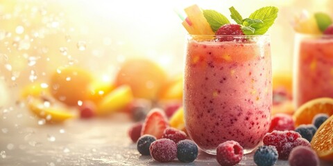 Refreshing summer fruit smoothies served in clear glasses with vibrant colors and garnished with mint leaves