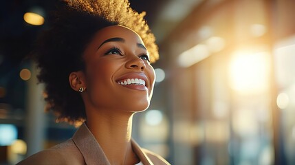 Confident businesswoman smiling, radiating professionalism and approachability in a modern office setting