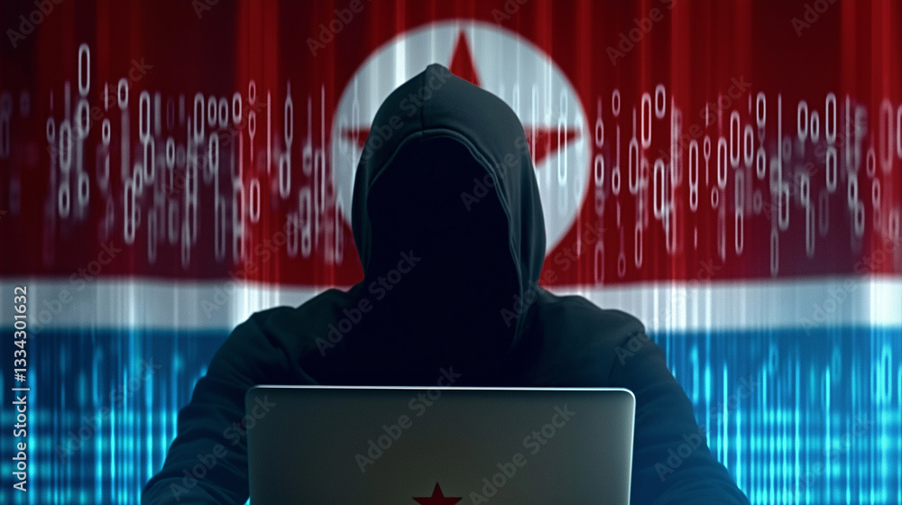 Aufkleber Hacker using laptop with north korean flag and binary code background