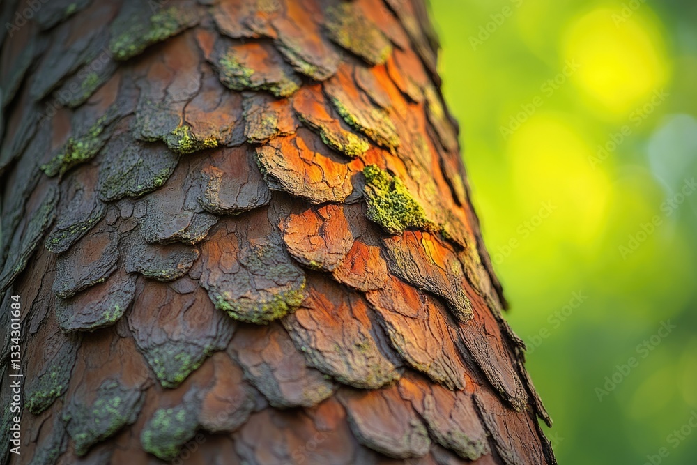 Poster close-up of tree bark texture, showcasing overlapping scales and subtle mossy patches illuminated by