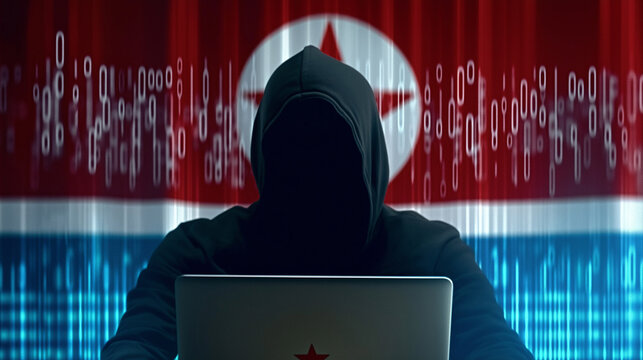 Hacker using laptop with north korean flag and binary code background