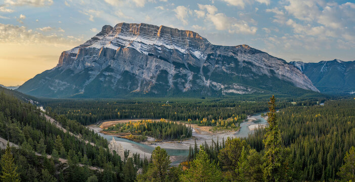 Banff National Park - Hoodoos Viewpoint on Tunnel Mountain Road - Autumn view of Mount Rundle and Bow River - Powered by Adobe