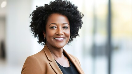 Confident businesswoman smiling, radiating professionalism and approachability in a modern office setting