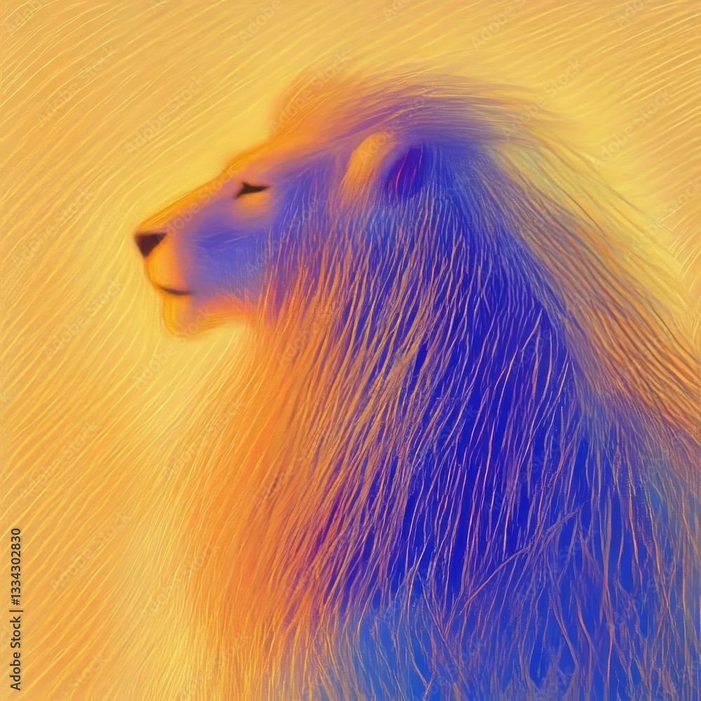 Poster vibrant abstract lion profile with flowing lines and warm colors in dynamic style