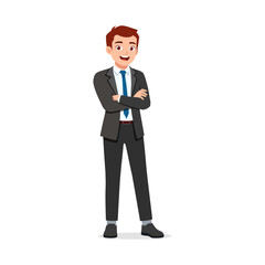 Man standing with arm crossed and smiling wearing suit and tie in full body, isolated