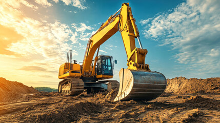 Construction site features yellow excavator alongside pipes during sunset, enhancing water supply installation efforts