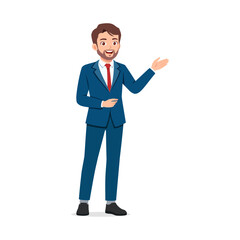 Businessman Presenting with Open Palm Hand Gesture, Smiling in Blue Suit and Red Tie on White Background