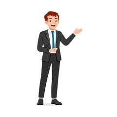 Professional man presenting in a suit with tie, smiling and showing something in formal attire