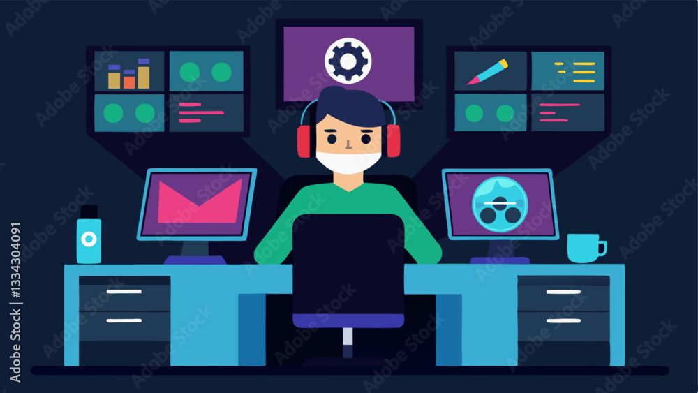 Poster editing video content a journalist sitting at a video editing station with multiple screens displayi