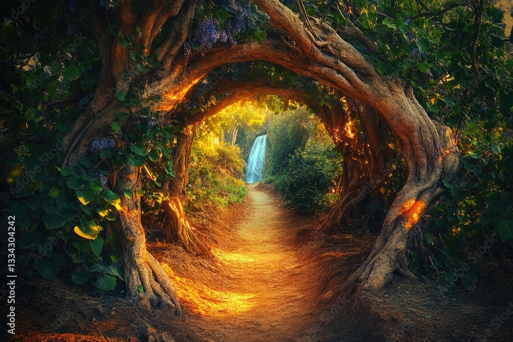 Poster magical path through ancient trees leads to a hidden waterfall in a mystical forest.